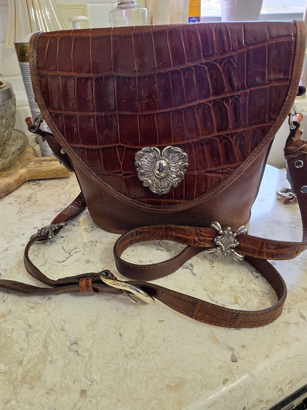 Brighton Brown Croc-Embossed Crossbody Bag with Silver Concho